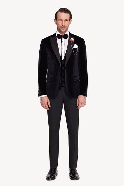 Ysf Men's Black Slim Fit Pointed Collar Velvet Groom Suit