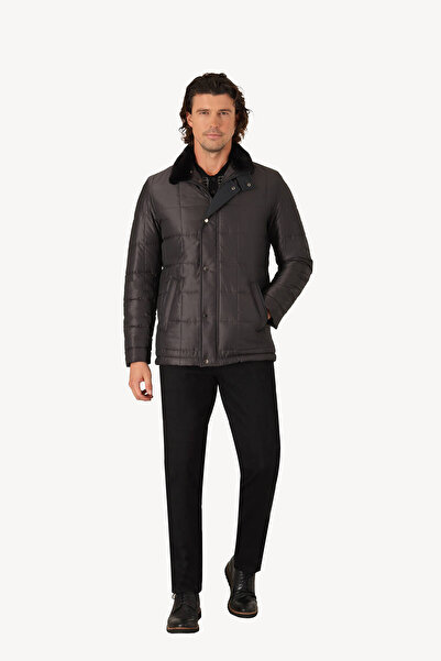 Ysf Erkek Gri Regular Fit Yakası Kürklü Desenli Kaban