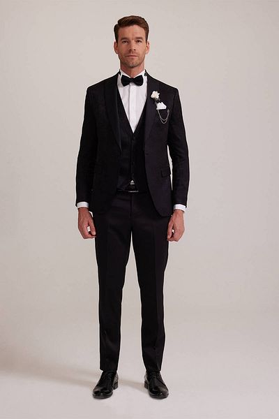 Ysf Men's Black Swallow Collar Vest Patterned Slim Fit Groom Suit