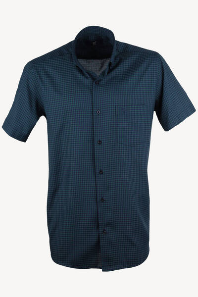 Ysf Men's Navy Blue Green Short Sleeve Classic Checkered Shirt