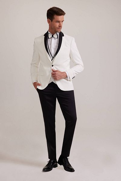 Ysf Men's White Dislocation Shawl Collar Slim Fit Groom Suit