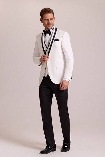 Ysf Men's Cream Slim Fit Vest Shawl Collar Groom Suit
