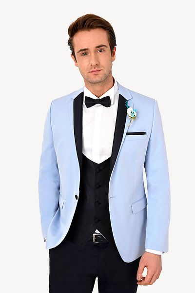 Ysf Men's Light Blue Slim Fit Mono Collar Vest Groom Suit
