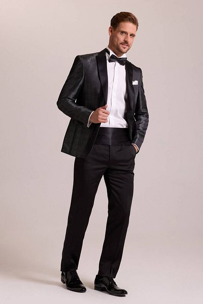 Ysf Men's Black Slim Fit Swallow Collar Patterned Groom Suit