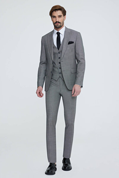 Ysf Erkek Gri Slim Fit Sivri Yakalı Yelekli Takım Elbise