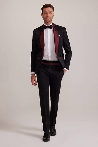 Ysf Men's Burgundy Black Slim Fit Shawl Judge Collar Groom Suit