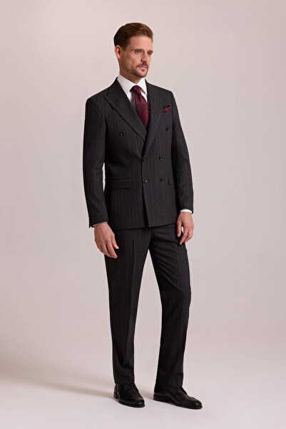 Ysf Erkek Füme Regular Fit Kruvaze Yün Takım Elbise