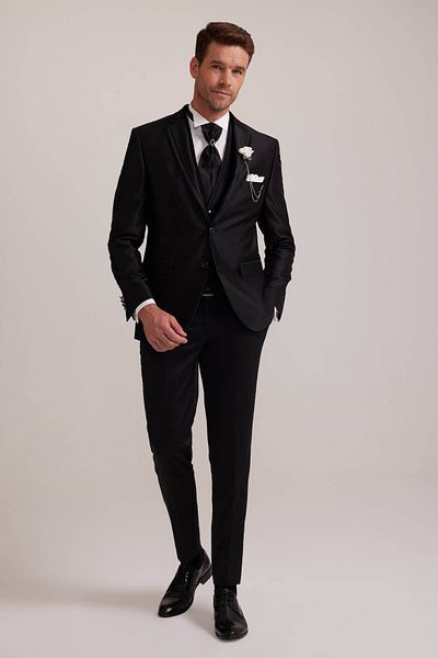 Ysf Men's Black Pleated Slim Fit Swallow Collar Vest Groom Suit