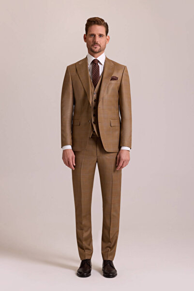 Ysf Erkek Taba Slim Fit Sivri Yaka Yelekli Yün Takım Elbise