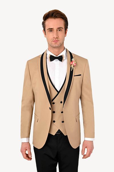 Ysf Men's Beige Slim Fit Vest Shawl Collar Groom Suit