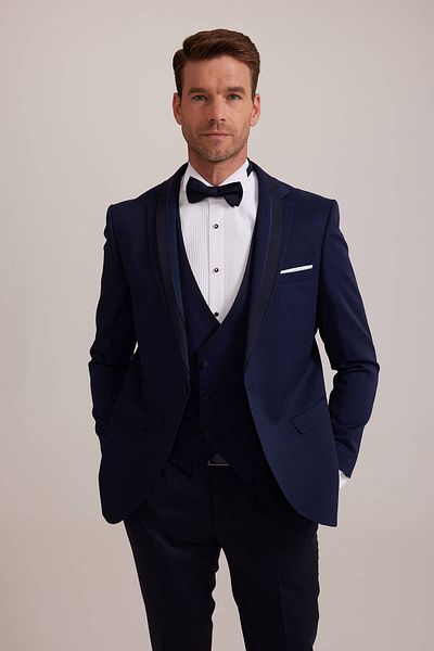 Ysf Men's Light Blue Slim Fit Vest Shawl Collar Groom Suit