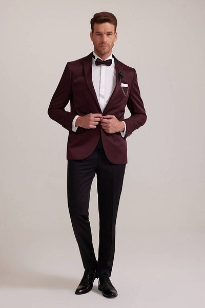 Ysf Men's Burgundy Slim Fit Mono Collar Groom Suit