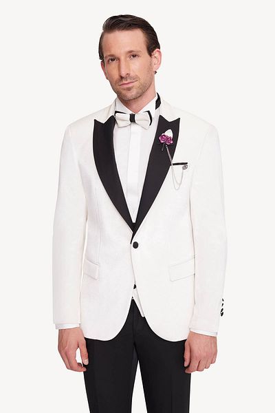 Ysf Men's Cream Slim Fit Pointed Collar Velvet Groom Suit