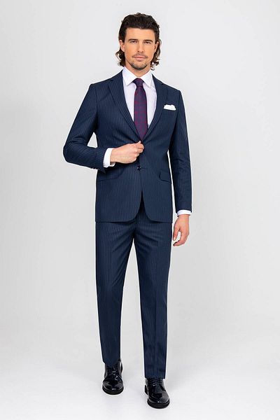 Ysf Men's Petrol Striped Regular Fit Suit