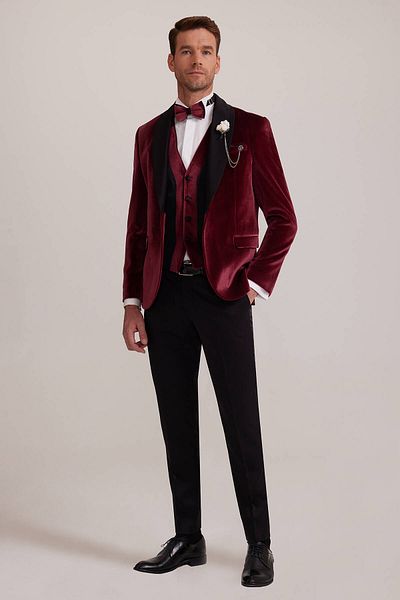 Ysf Men's Claret Red Shawl Collar Slim Fit Groom Suit with Vest