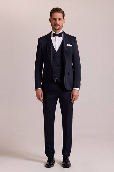 Ysf Men's Navy Blue Shawl Collar Slim Fit Groom Suit with Vest
