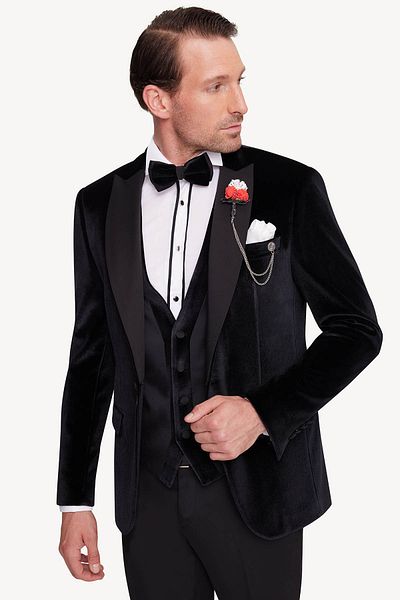 Ysf Men's Black Slim Fit Pointed Collar Velvet Groom Suit