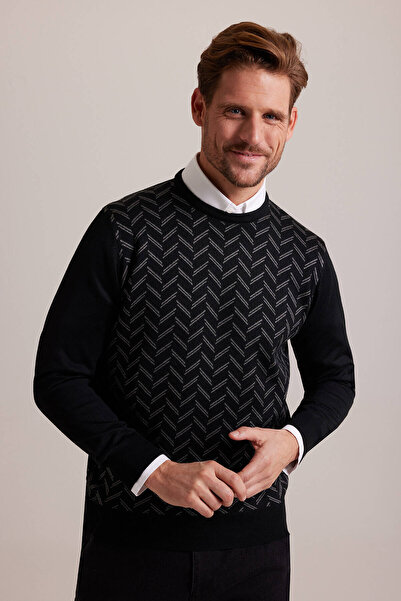 Ysf Erkek Siyah Gri Bisiklet Yaka Desenli Triko