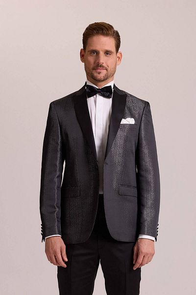 Ysf Men's Black Slim Fit Swallow Collar Patterned Groom Suit