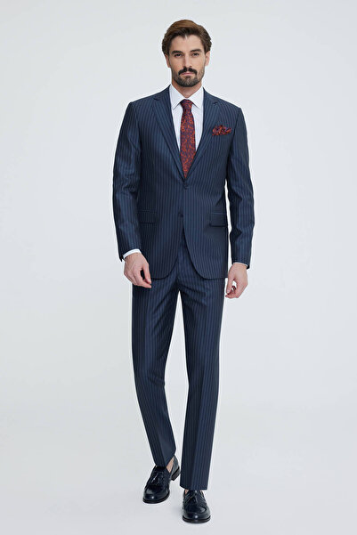 Ysf Erkek Lacivert Gri Regular Fit Çizgili Takım Elbise