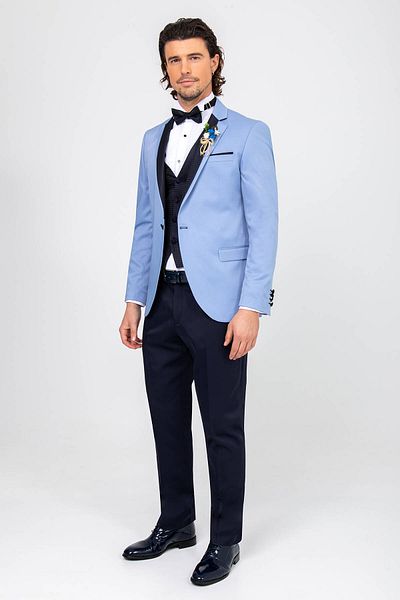 Ysf Men's Blue Slim Fit Groom Suit with Vest