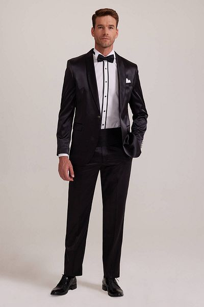 Ysf Men's Black Slim Fit Shawl Judge Collar Groom Suit
