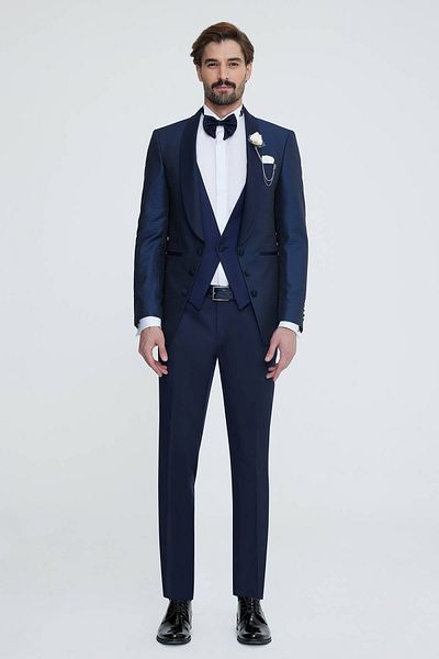 Ysf Men's Navy Blue Vest Slim Fit Groom Suit