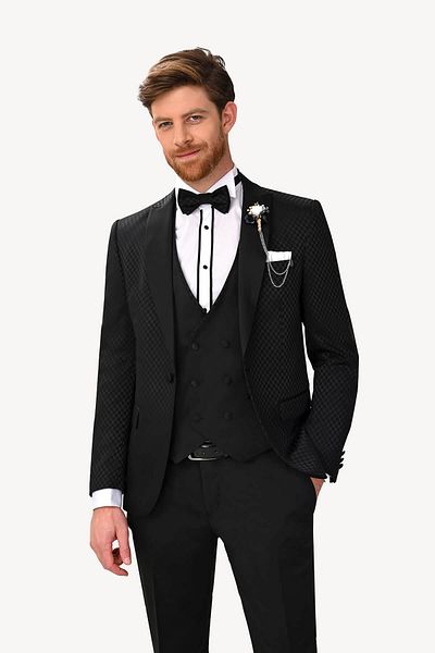 Ysf Men's Black Swallow Collar Vest Patterned Slim Fit Groom Suit