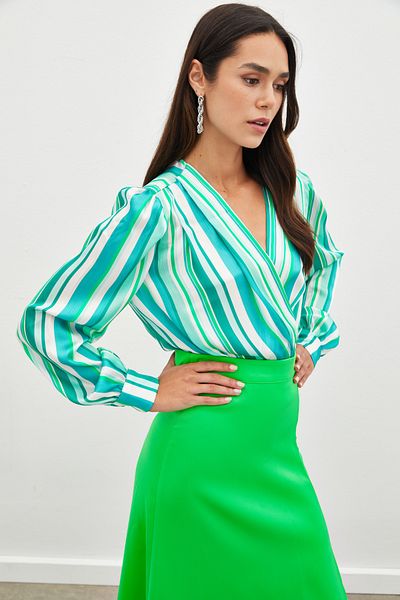 Sateen Striped Bodysuit Blouse - Green
