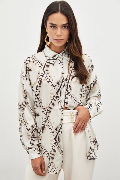 Sateen Beige Patterned Casual Shirt