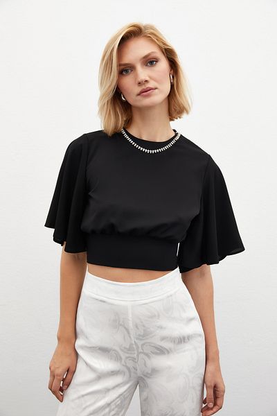 Sateen Μαύρη μπλούζα με περιορισμένο μανίκι