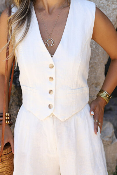 bytugcekaya Λευκό Γιλέκο Σετ με Λινό Σορτς