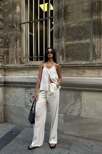 Eka Σετ γυναικεία μπλούζα και παντελόνι εκρού - Ζαρτιέρες και κορδόνια 1006-5112