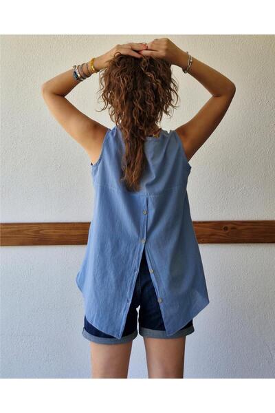 ByEnBi Sleeveless Cotton Blouse with Back Button Detail, Dark Blue