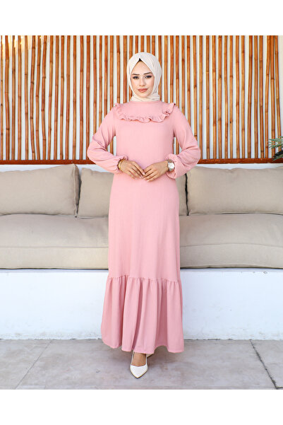 Moda Ebva Kolu Lastikli Fırfır Detay Tesettür elbise-3161 Pudra