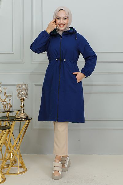 Moda Ebva Waist Tied Hooded Trench Coat-1905 Indigo