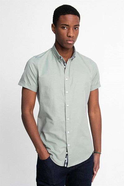 Tudors Ανδρικό βαμβακερό μπλουζάκι Oxford Green Slim Fit - Easy Iron, κοντό μανίκι, γιακάς με κουμπιά