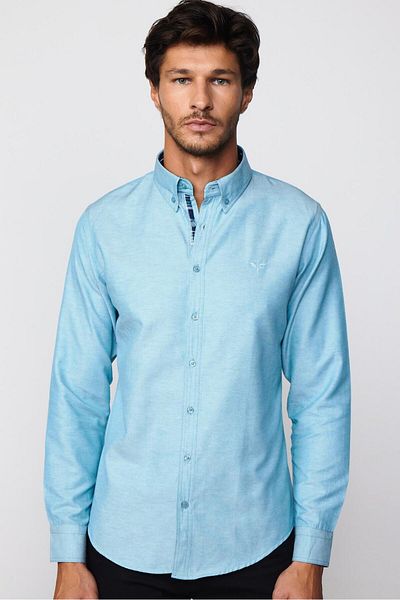Tudors Cămașă Slim Fit pentru bărbați Oxford Texture Petrol - Mânecă lungă, Guler cu nasturi