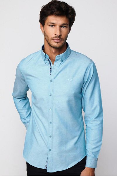 Tudors Cămașă Slim Fit pentru bărbați Oxford Texture Petrol - Mânecă lungă, Guler cu nasturi