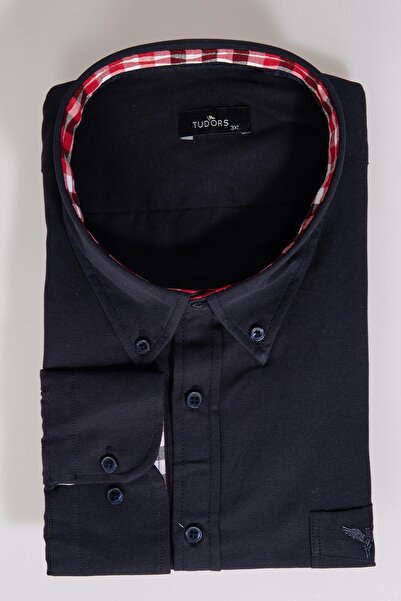 Tudors Ανδρικό πουκάμισο Navy Blue - Plus μέγεθος, μακρυμάνικο, βαμβακερό Oxford, μονή τσέπη, γιακάς με κουμπί