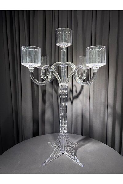 organizasyon outlet Şeffaf 5 Kollu Gül Şamdan - 67 CM