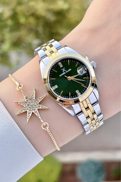 Daniel Klein Kadranı Yeşil Kordonu Altın Gri Renk Ayarlanabilir Kordonlu Kadın Kol Saati Ve Bileklik Dkgnct1242