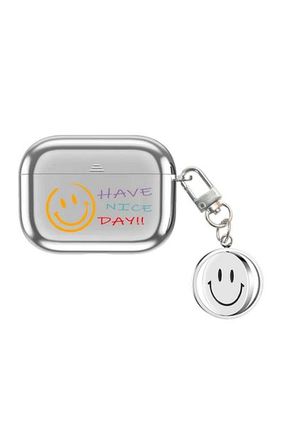 KVK PRİVACY AirPods 3Rd Generation Compatible Have Nice Day Patterned Smile Silver Headphone Case with Clasp