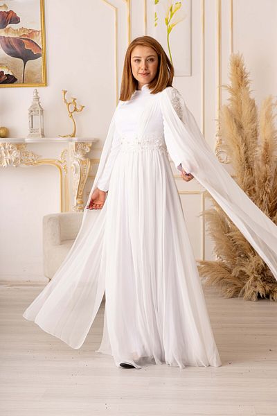 Modamartı Star Evening Dress - Chiffon Hijab Evening Dress with Shoulder Cape