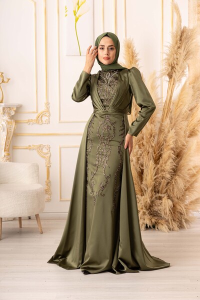 Modamartı Yilidiz Satin Hijab Evening Dress - Caped Fish Model