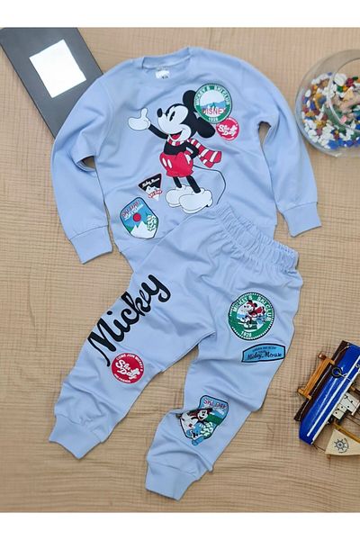 BUUFUU Детски унисекс комплект тениска и спортен панталон с мотиви на Mickey - дълъг ръкав, 100% памук