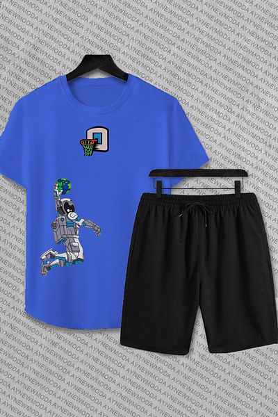 aynewmoda Space Man I Printed Basketballer Bottom-Top Set - Set de pantaloni scurți și tricou oversize 100% bumbac