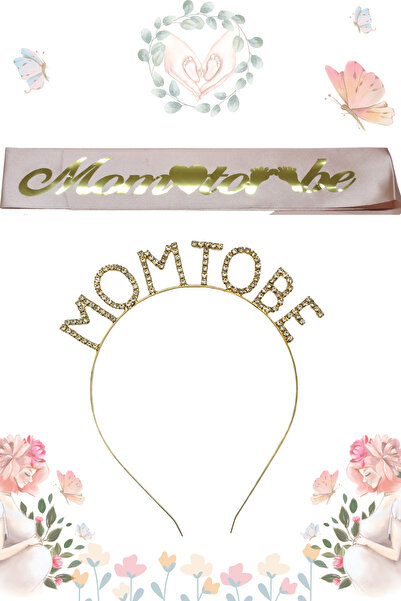 Larenya Mom To Be Metal Taç Ve Kuşak & Baby Shower Set & Pembe Altın Kuşak Taşlı Altın Taç