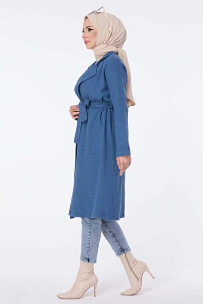 TOFİSA Women's Blue Trench Straight Jacket Collar - 13030