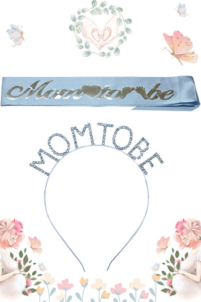 Larenya Mom To Be Metal Taç Ve Kuşak & Baby Shower Set & Mavi Gümüş Kuşak Taş...